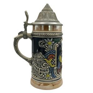Vintage Gerz West German Lidded Beer Stein Pewter Ceramic